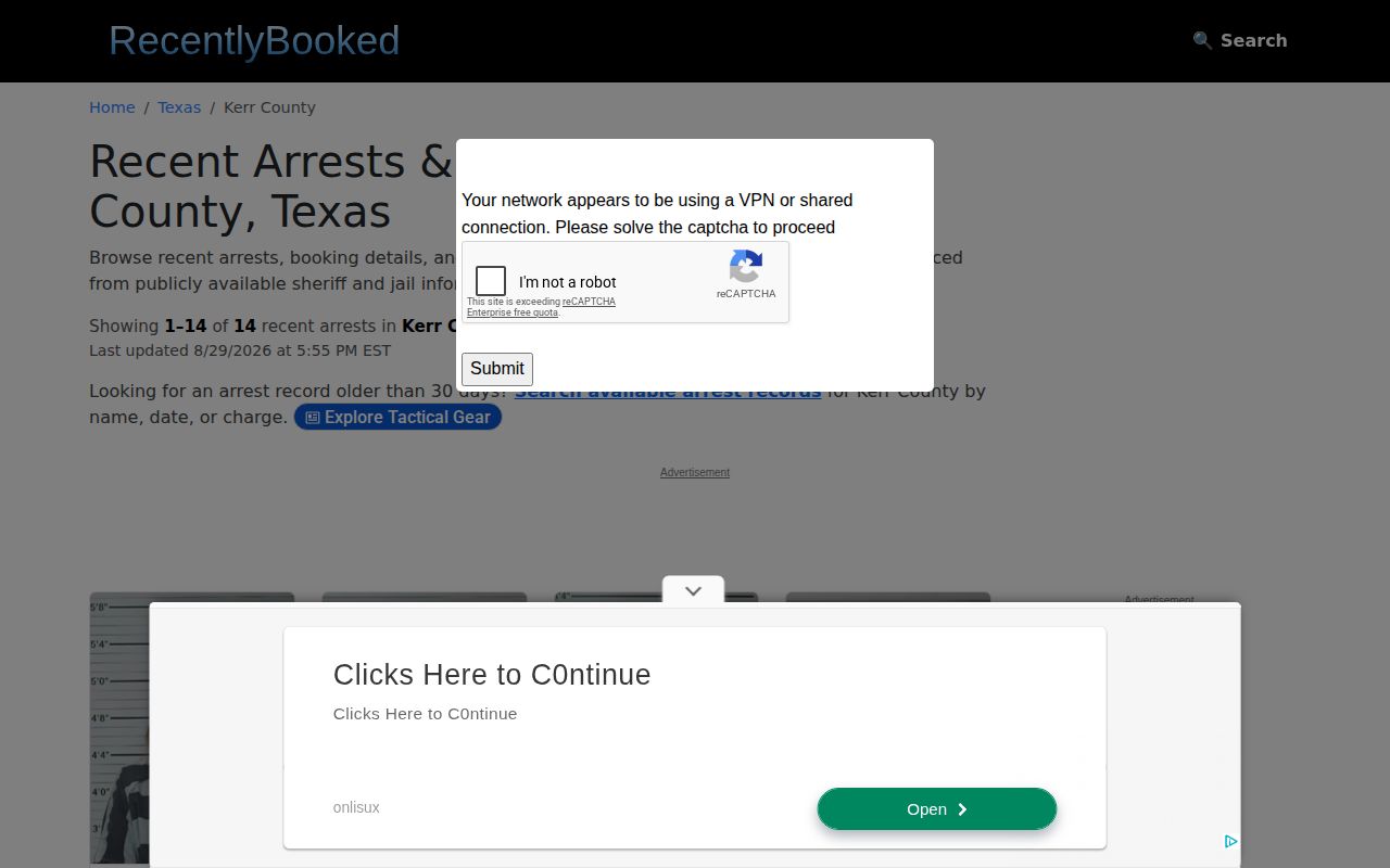 Kerr County Recently Booked secondary booking-page interface